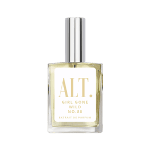 A bottle of perfume on a green background.