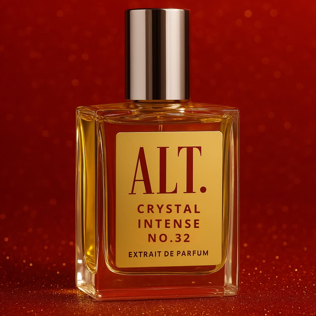 Perfume bottle on a red glitter background.