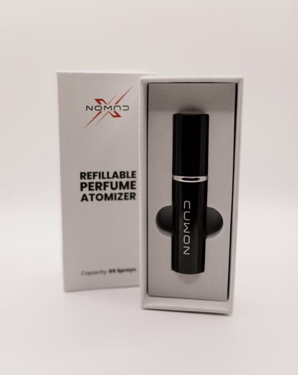 Refillable perfume atomizer in presentation box.