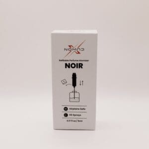 Refillable perfume atomizer packaging, labeled NOIR.