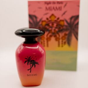Miami-themed perfume bottle and packaging.