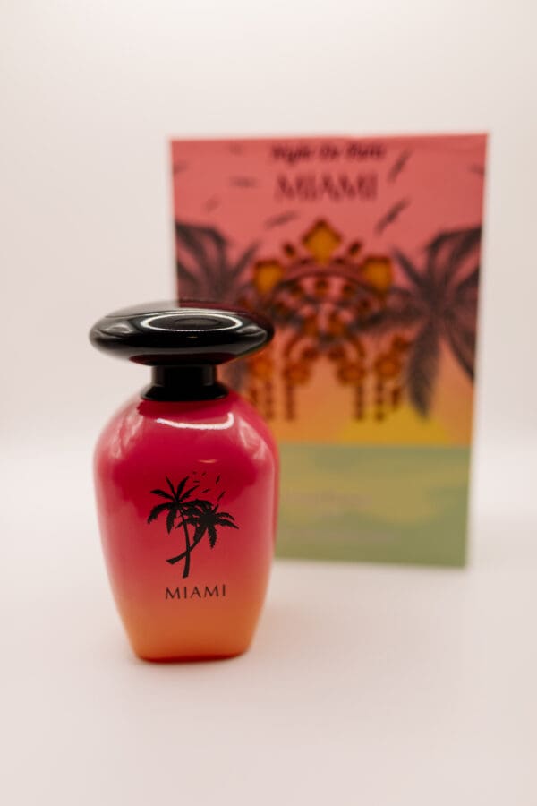 Miami-themed perfume bottle and packaging.