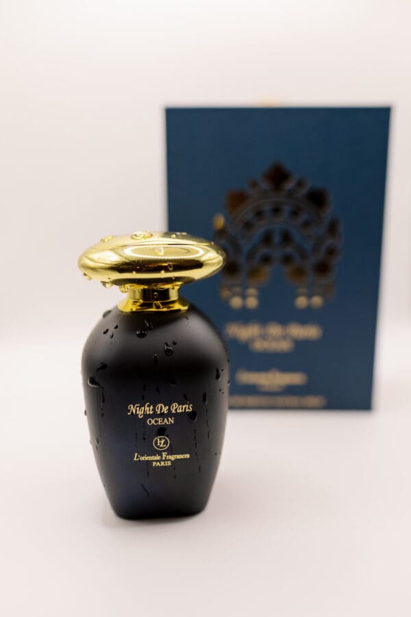 Elegant perfume bottle with gold cap.