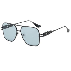 Black aviator sunglasses with blue-tinted lenses.