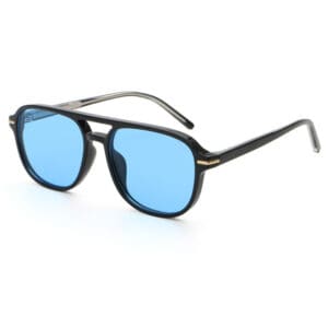 Black sunglasses with blue-tinted lenses.