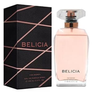 Perfume bottle and box with geometric design.
