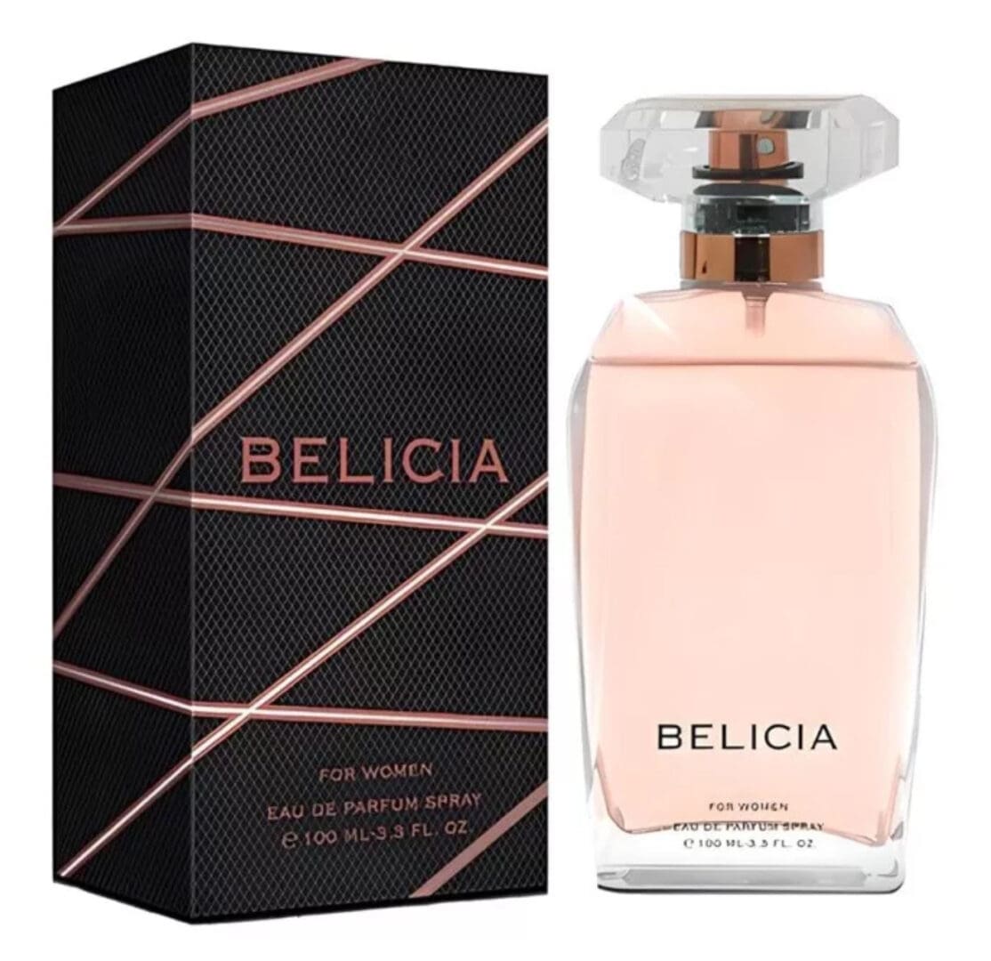 Perfume bottle and box with geometric design.