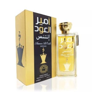 Perfume bottle and box, gold and black.